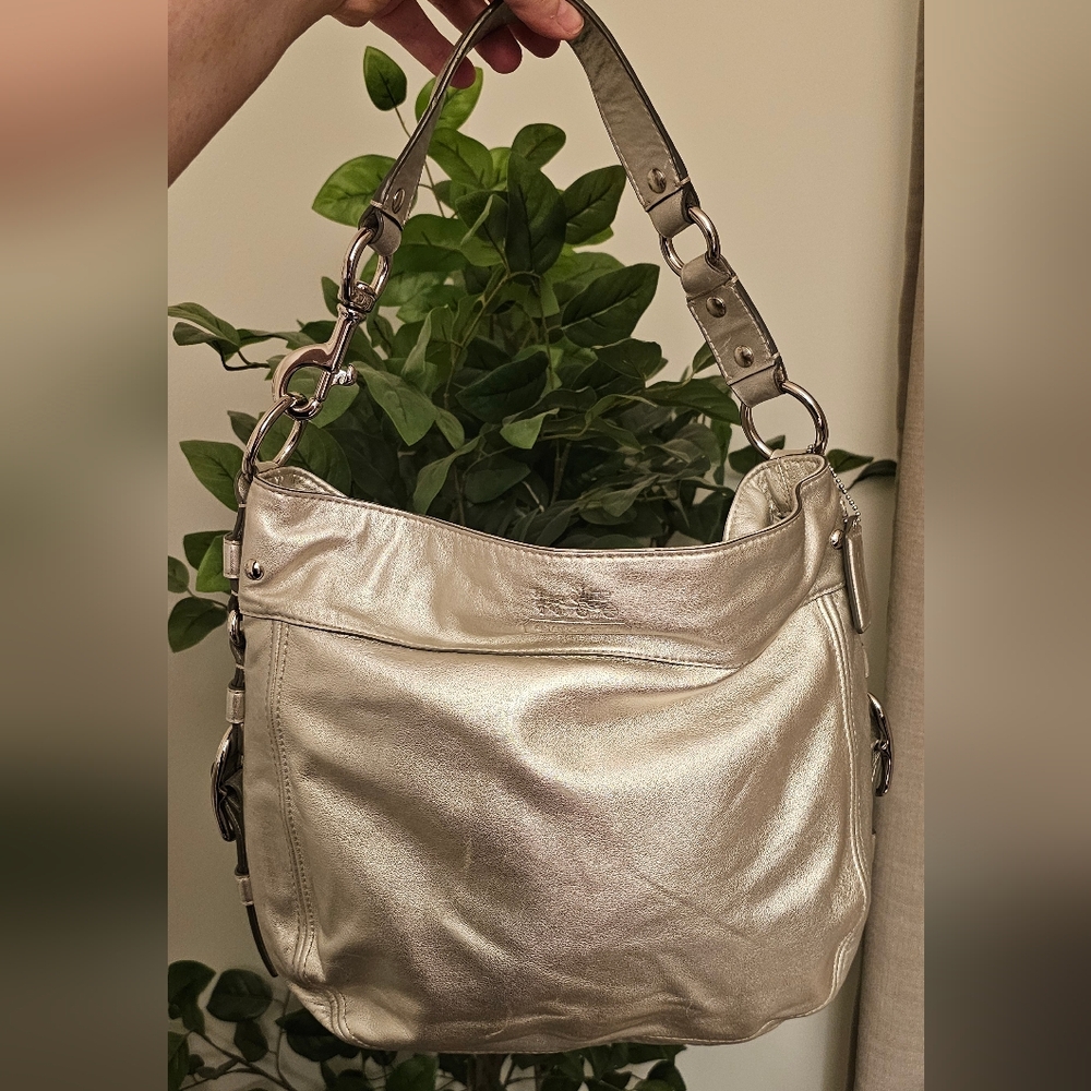 Coach Zoe Large Silver Metallic Shoulder Bag